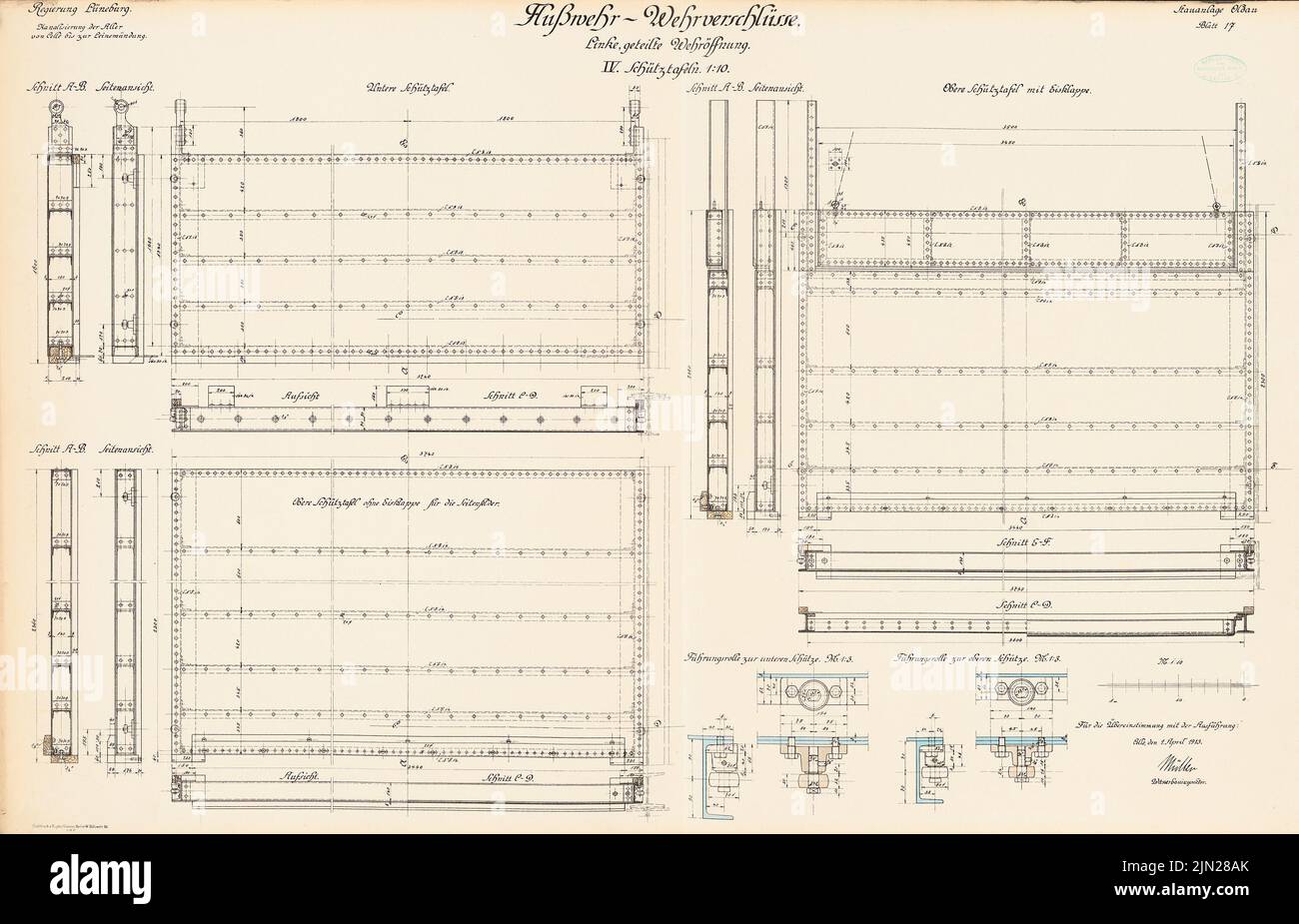 N.N., Canalization of the Aller. River Weir - military closures, Oldau: Left -wing divided military opening, protective boards: views, cuts, details 1:10, 1: 3. Lithograph colored on cardboard, 63.2 x 98.3 cm (including scan edges) Stock Photo