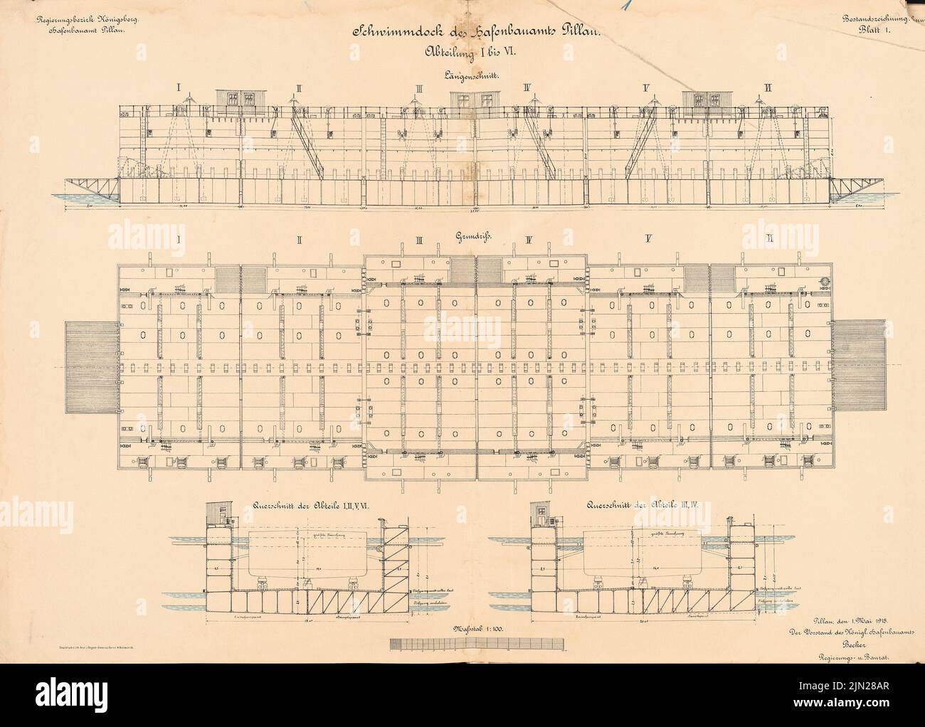 N.N., swimming dock of the port construction inspection, Pillau: Department I-VI: floor plan, cuts 1: 100. Lithograph colored on paper, 60.9 x 84.9 cm (including scan edges) Stock Photo