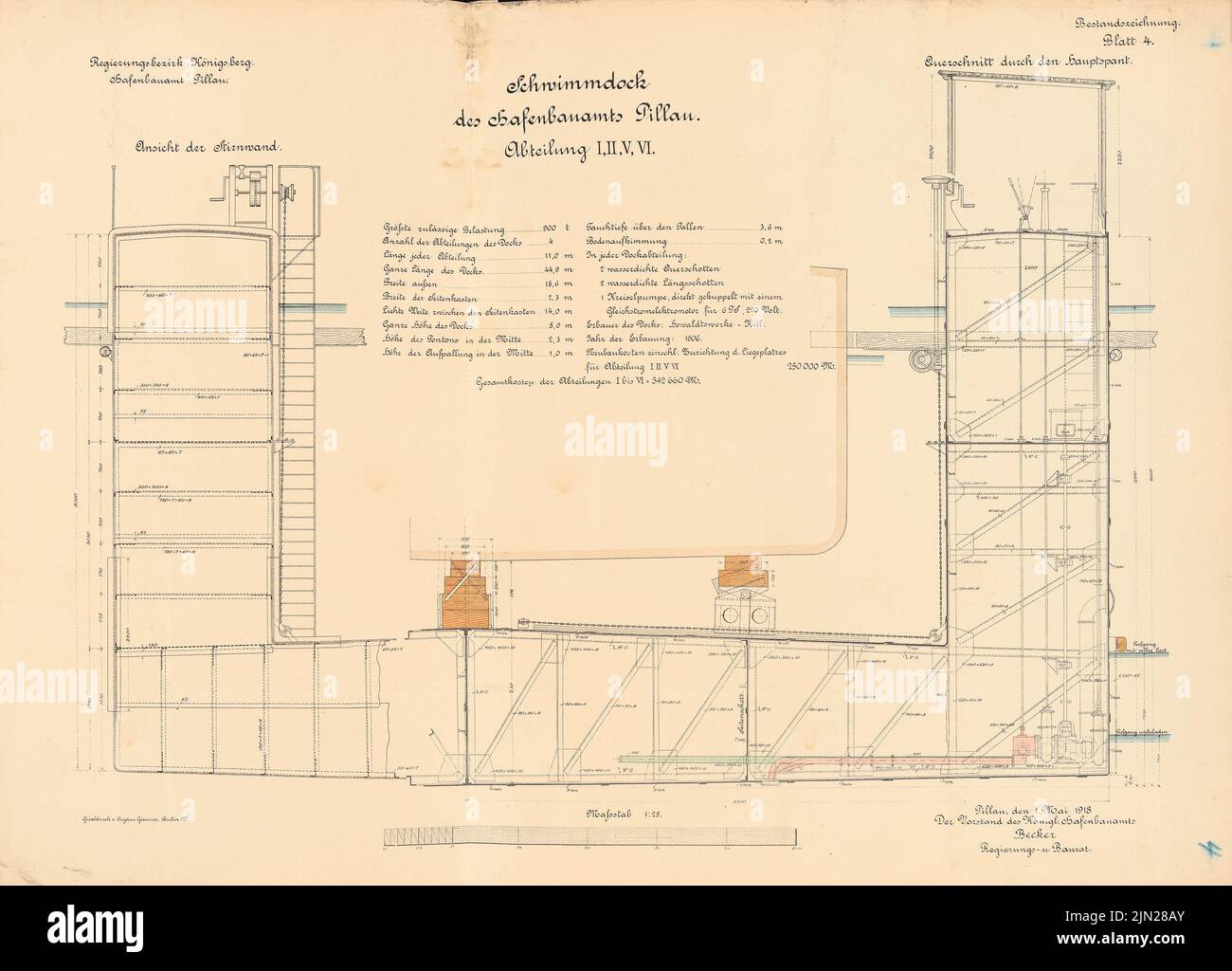 N.N., swimming dock of the port construction inspection, Pillau: Department I, II, V and VI: View, cut 1:25. Lithograph colored on paper, 50.8 x 70.7 cm (including scan edges) Stock Photo