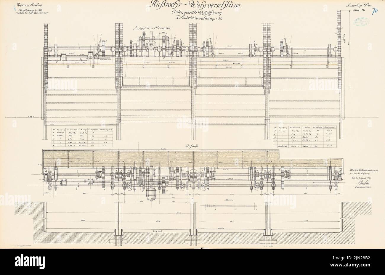 N.N., Canalization of the Aller. River Weir - military closures, Oldau: Left -wing divided military opening, drive device: view, supervision, 1:20. Lithograph colored on the cardboard, 63 x 97.5 cm (including scan edges) Stock Photo