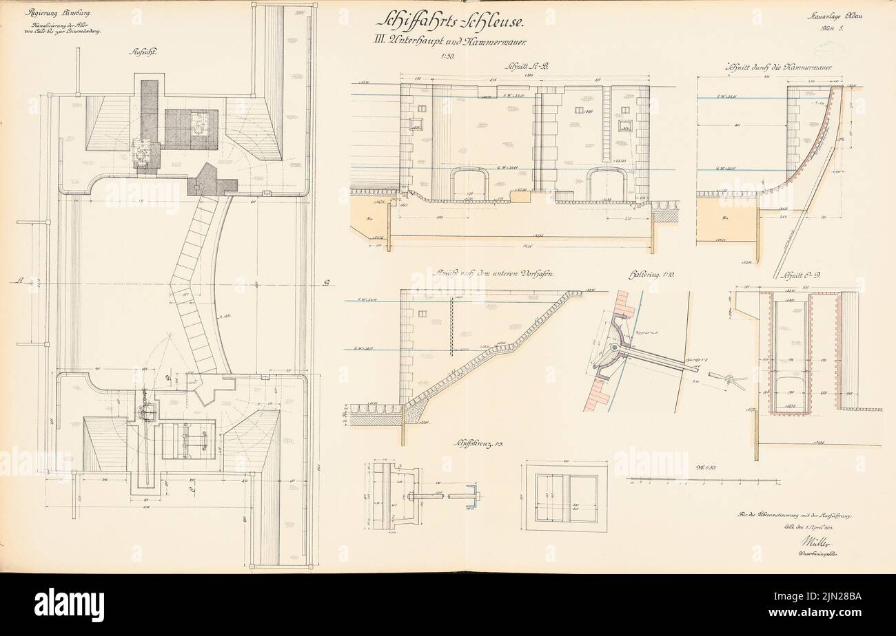 N.N., Canalization of the Aller. Schleuse, Oldau: Unterhaupt, chamber wall: view, supervision, cuts, details 1:50, 1:10. Lithograph colored on the box, 63.5 x 99 cm (including scan edges) Stock Photo