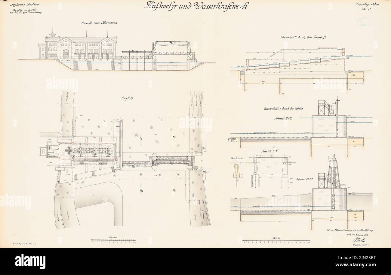 N.N., Canalization of the Aller. River defense and hydropower plant, Oldau: View, supervision, cuts 1: 200, 1: 100. Lithograph colored on the cardboard, 62.4 x 98.2 cm (including scan edges) Stock Photo
