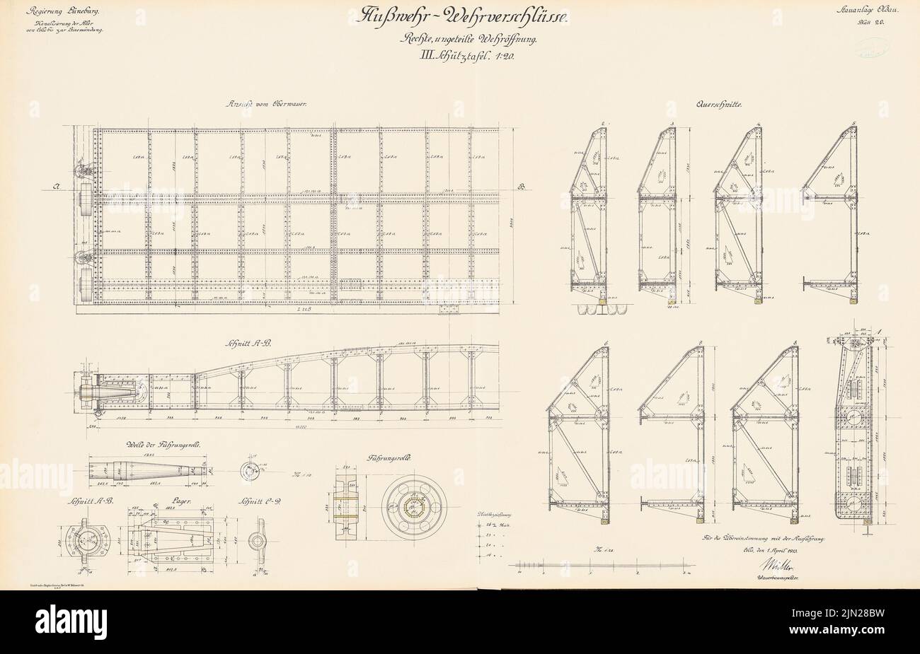 N.N., Canalization of the Aller. River Weir - military closures, Oldau: Right undivided military opening, protective board: view, cuts, details 1:20, 1:10. Lithograph colored on the cardboard, 62.9 x 98 cm (including scan edges) Stock Photo