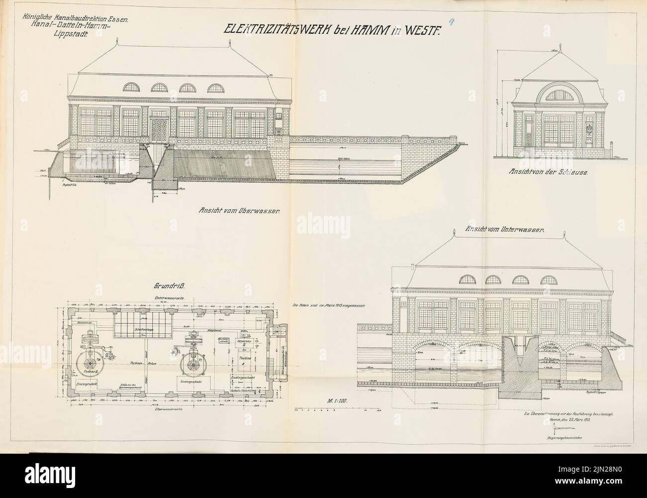 N.N., Canal Datteln-Hamm-Lippstadt. Electricity plant along with the lipweight and channel lock, Hamm: Elektrizitätswerk: Views, floor plan 1: 100. Lithograph on paper, 71.3 x 101.8 cm (including scan edges) Stock Photo