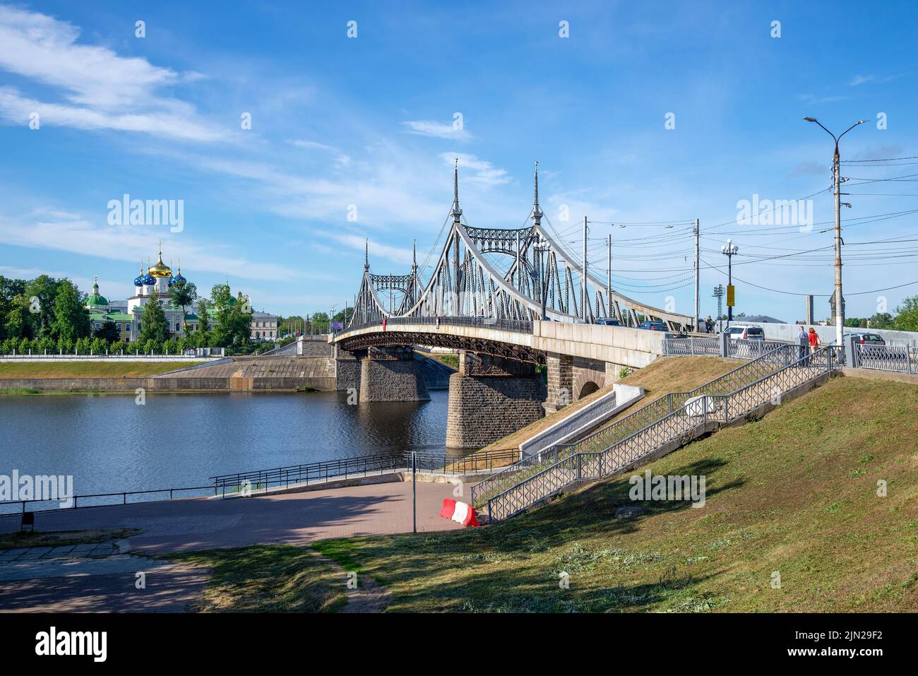 TVER, RUSSIA - JULY 15, 2022: Starovolzhsky Bridge and Volga River embankment. Tver, Russia Stock Photo