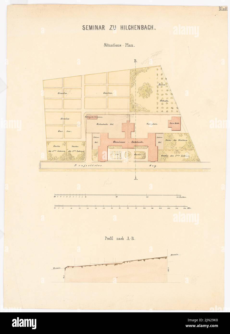 Knoblauch Gustav (1833-1916), Royal teacher seminar, Hilchenbach: site plan, offices. Tusche watercolor on the box, 61.5 x 45.3 cm (including scan edges) Stock Photo