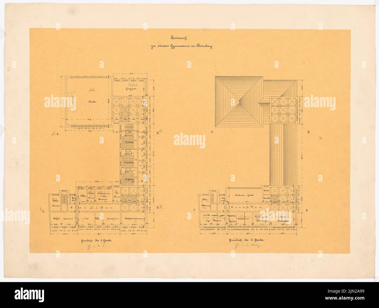 Knoblauch Gustav (1833-1916), Gymnasium, Bromberg: floor plan 1st floor, 2nd floor. Ink on transparent on paper, 51.5 x 69.2 cm (including scan edges) Stock Photo