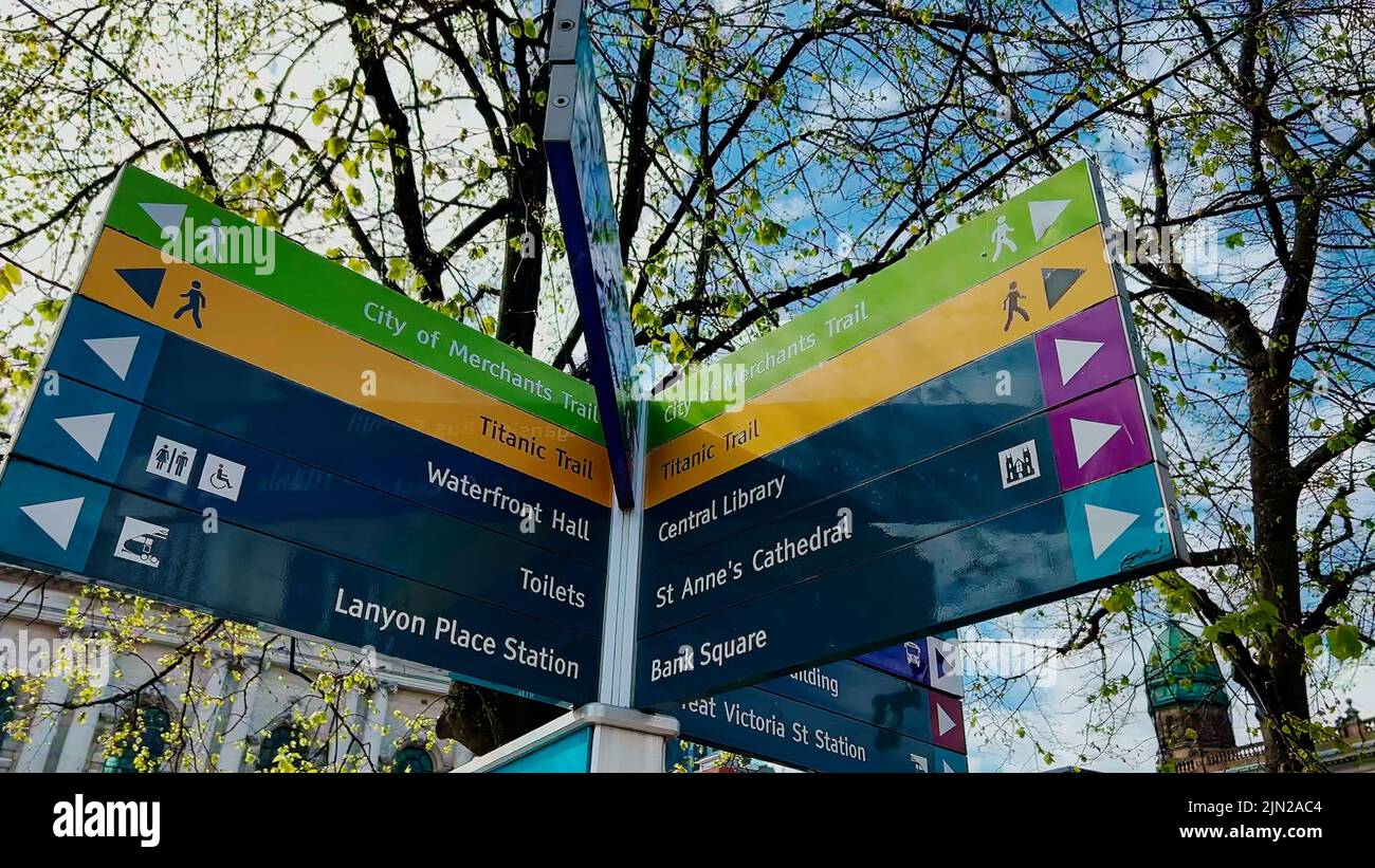 Direction signs in the city center of Belfast Stock Photo Alamy