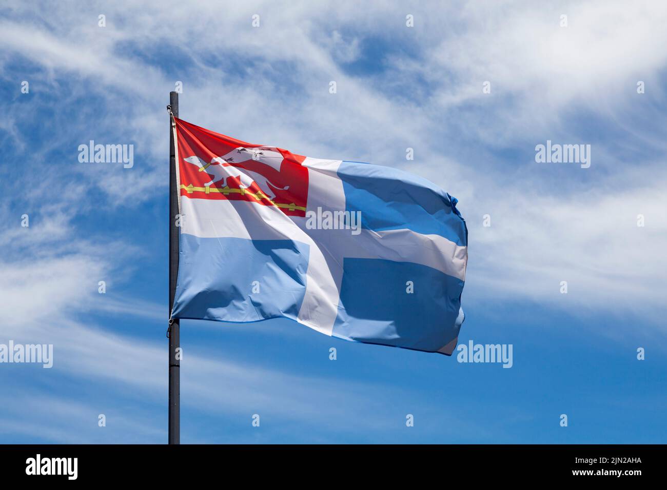 Flag of the city of Saint Malo waving in mid air. Stock Photo