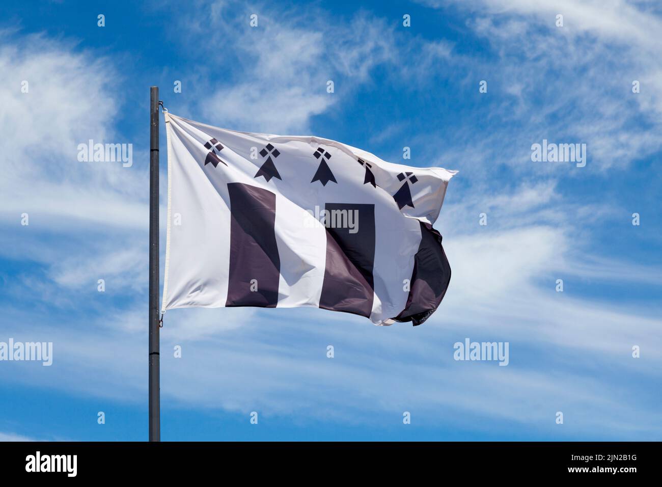 Flag of the city of Rennes waving in mid air. Stock Photo