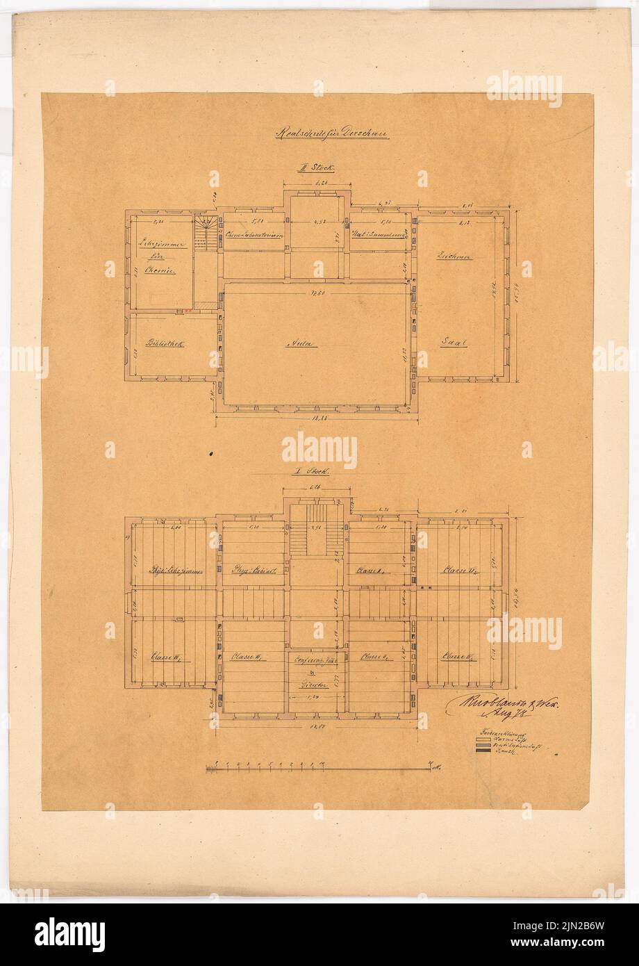 Knoblauch & Wex, Realschule, Dirschau: floor plan 1st floor, 2nd floor. Tusche watercolor on transparent on paper, 67.3 x 47.6 cm (including scan edges) Stock Photo