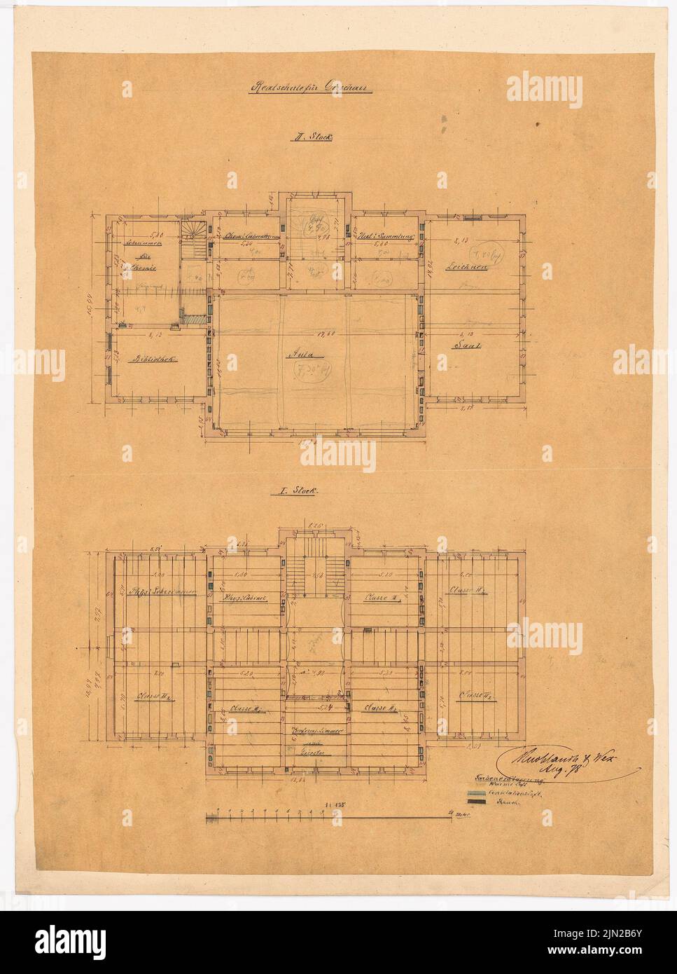Knoblauch & Wex, Realschule, Dirschau: floor plan 1st floor, 2nd floor. Ink, pencil watercolored on transparent on paper, 61.8 x 46 cm (including scan edges) Stock Photo