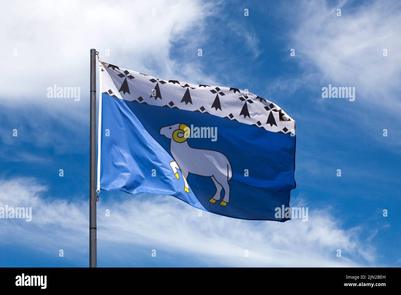 Flag of the city of Quimper waving in mid air. Stock Photo