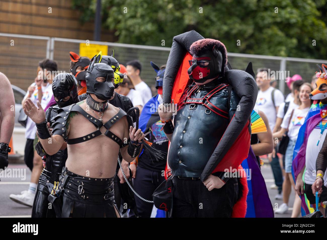 Men dress up in bondage leather costumes as part of London Pride, in Piccadilly. The annual march is a celebration for the lesbian, gay, bi-sexual, tr Stock Photo