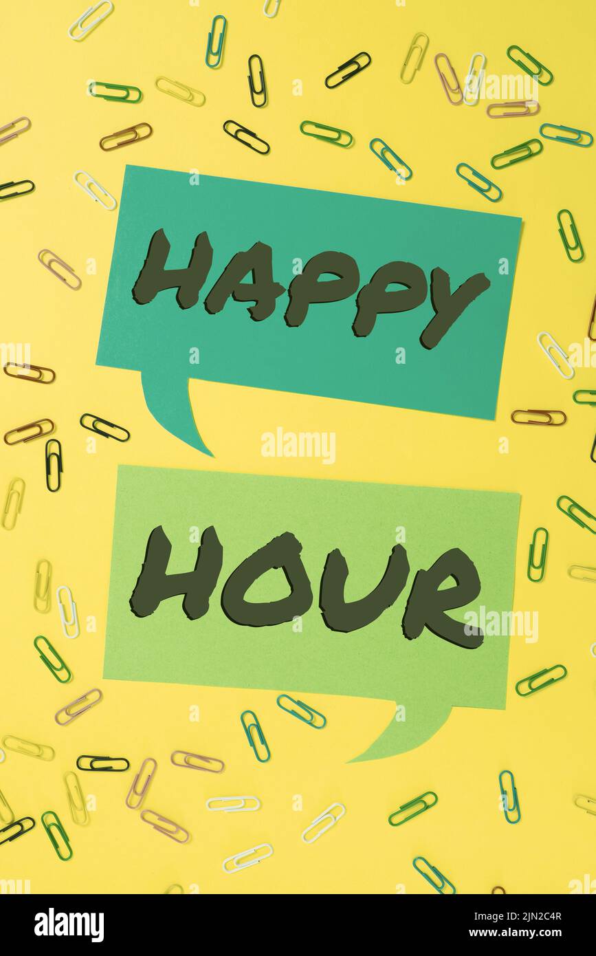 Conceptual display Happy Hour. Conceptual photo Spending time for activities that makes you relax for a while Colorful Paperclips Placed Around Two Stock Photo