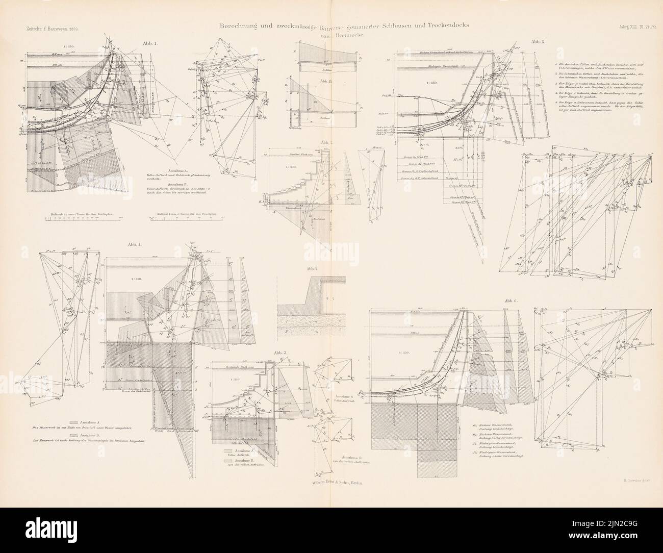 Burning corner, calculation and functional construction of brick locks and dry docks. (From: Atlas to the magazine for Building, ed. V. Ministry of Public Works, Jg. 42, 1892): Cuts. Stitch on paper, 43.5 x 56.8 cm (including scan edges) Stock Photo