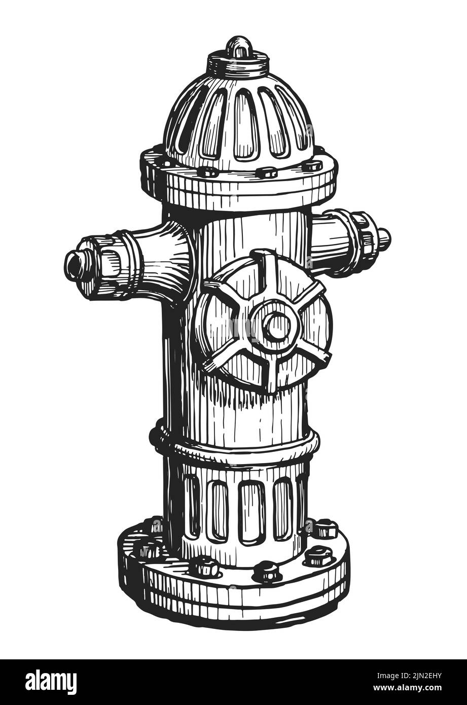 Fire hydrant isolated. Firefighter equipment vector illustration. Hand drawn sketch in vintage engraving style Stock Vector