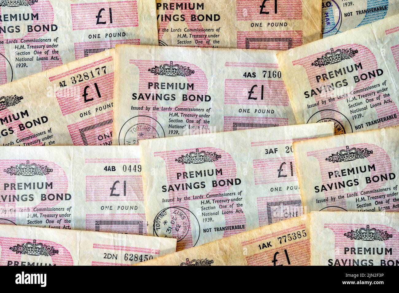 A selection of old Premium Bonds from the 1950s and  1960s. Stock Photo