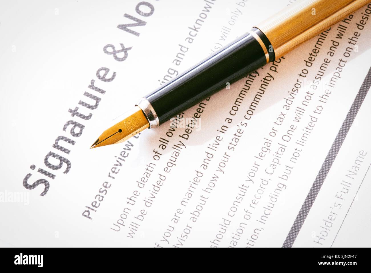 Close up of a vintage fountain pen on a legal document, United States Stock Photo