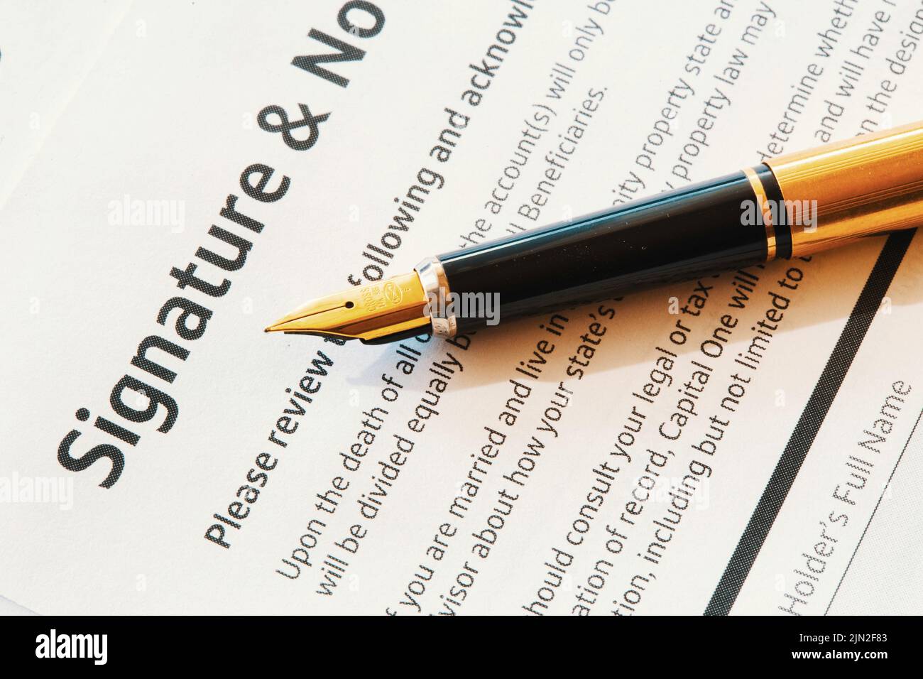 Close up of a vintage fountain pen on a legal document, United States Stock Photo