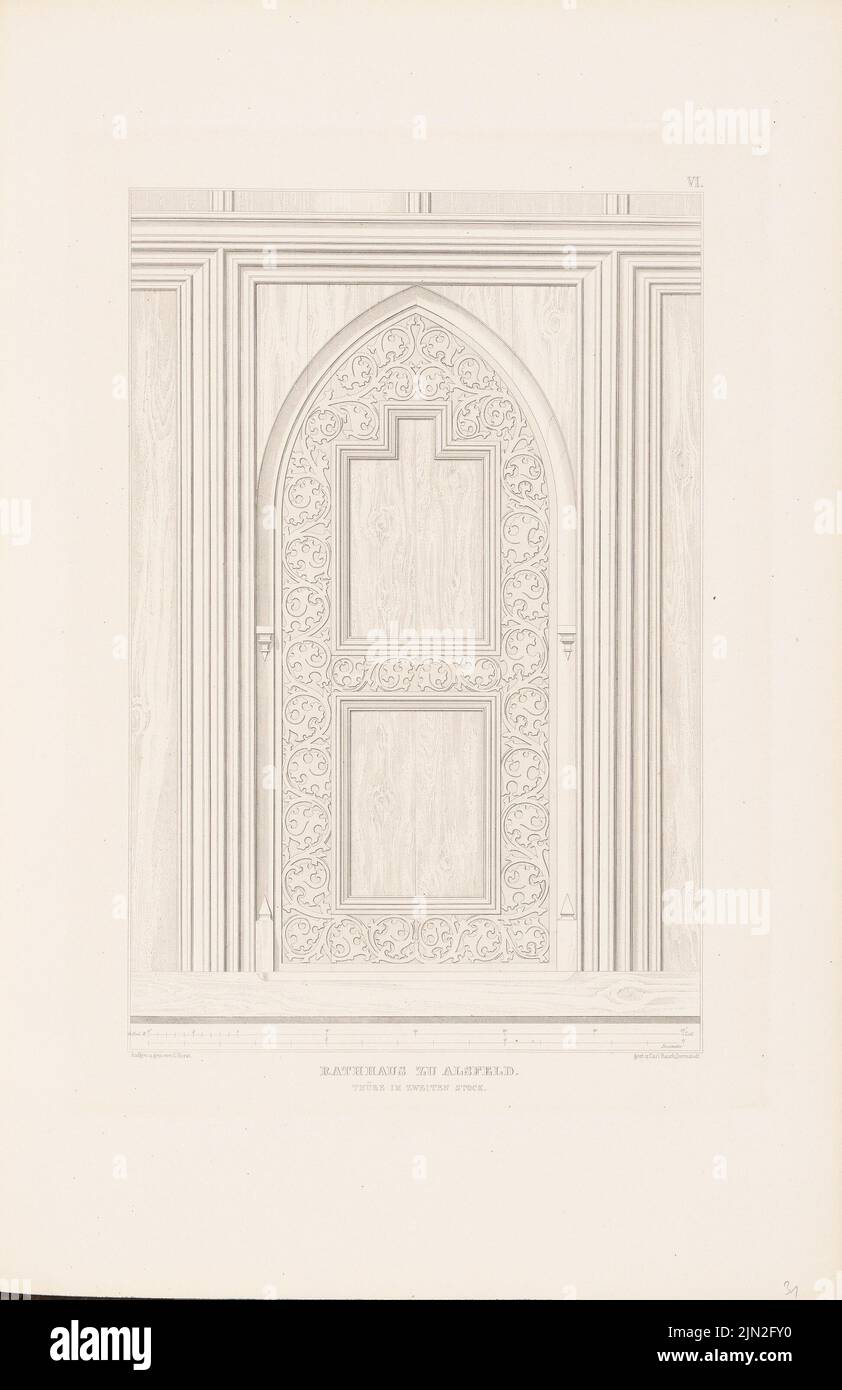 Horst C., Rathaus, Alsfeld. (From: Denkmäler d. German architecture, Darg. V. Hessische Verein F.d. Middle Ages Middle Ages Kunstwerke, Darmstadt, Vol. 1, Atlas, 1856): View door on the 2nd Lithograph on cardboard, 54 x 35 cm (including scan edges) Stock Photo