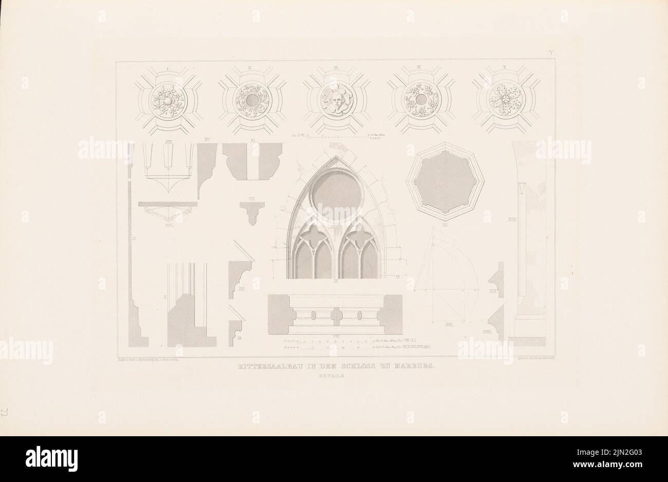 Horst C., Marburg Castle. (From: Denkmäler d. German architecture, Darg. V. Hessische Verein F.d. Middle Ages Middle Ages Kunstwerke, Darmstadt, Vol. 1, Atlas, 1856): Ritter Saalbau: Details. Lithograph on cardboard, 35.1 x 53.8 cm (including scan edges) Stock Photo
