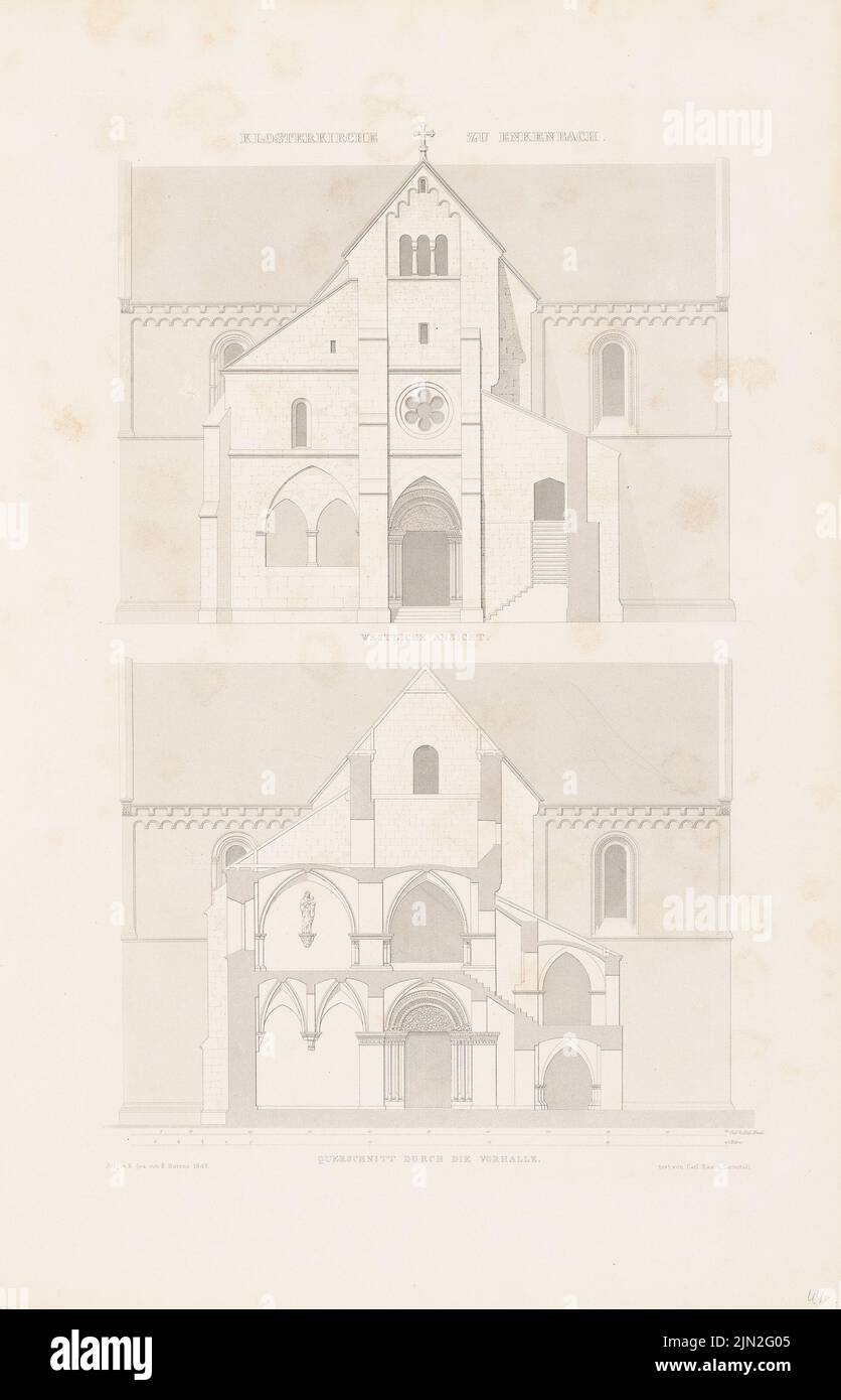 Harres B., Klosterkirche, Enkenbach. (From: Denkmäler d. German architecture, Darg. V. Hessische Verein F.d. Middle Ages Middle Ages Kunstwerke, Darmstadt, Vol. 1, Atlas, 1856): West view, cross -section. Lithograph on cardboard, 53.8 x 34.6 cm (including scan edges) Stock Photo
