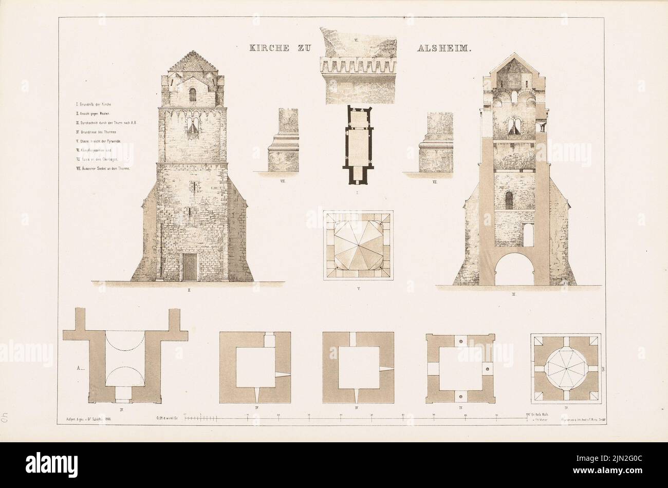 Schäffer, church, Alsheim. (From: Denkmäler d. German architecture, Darg. V. Hessische Verein F.d. Middle Ages Middle Ages Kunstwerke, Darmstadt, Vol. 1, Atlas, 1856): Views, floor plans. Lithograph colored on the box, 35.4 x 53.5 cm (including scan edges) Stock Photo