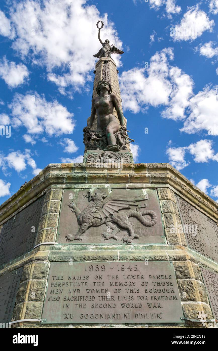 Aberystwyth war memorial commemorates local people who died in the First and Second world wars. The figures represent victory and humanity. Stock Photo