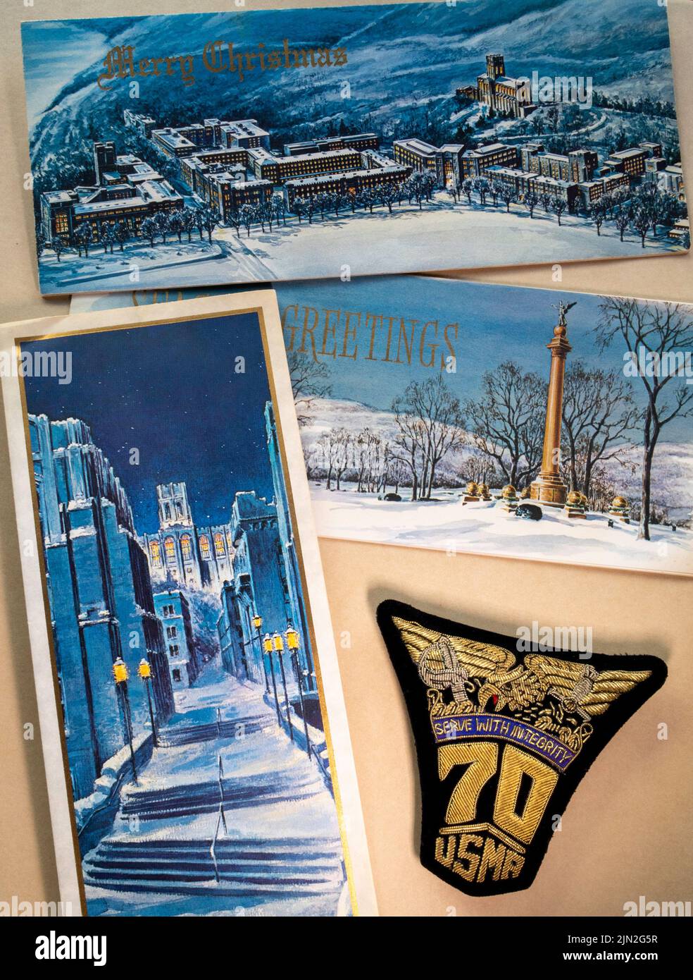 Vintage United States Military Academy illustrated Christmas cards with 1970 patch still life, USA Stock Photo