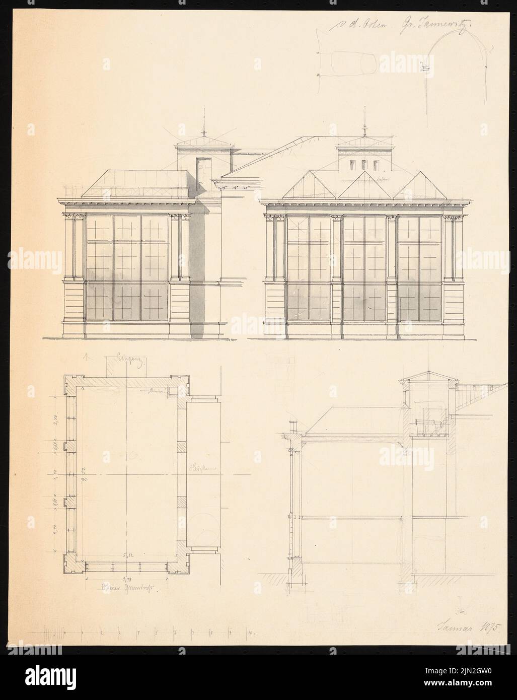 Knoblauch & Wex, hall building and greenhouse for from the east, Groß Jannewitz: floor plan OG, cut and view. Tuser and pencil watercolored on paper, 47.3 x 37.4 cm (including scan edges) Stock Photo