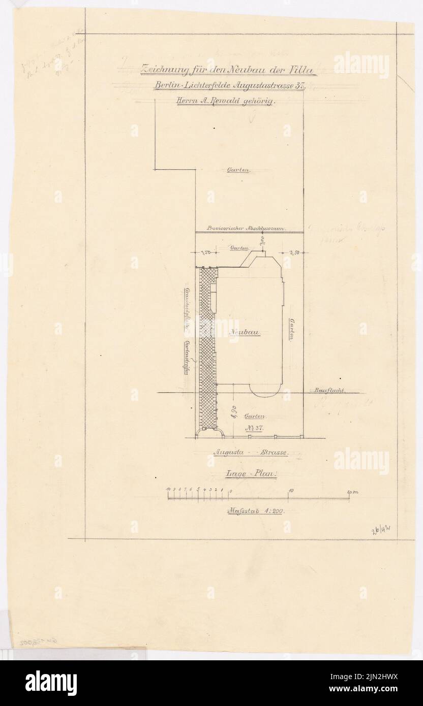 Knoblauch Gustav (1833-1916), Villa Rald, Berlin-Lichterfelde: site plan 1: 200. Pencil on transparent, 54.7 x 35 cm (including scan edges) Stock Photo