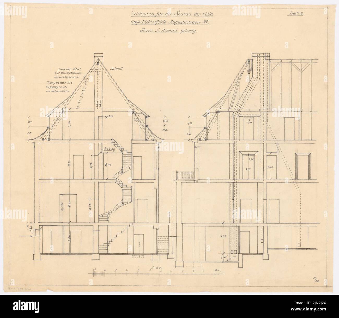 Knoblauch Gustav (1833-1916), Villa Rald, Berlin-Lichterfelde: cuts 1:50. Pencil on transparent, 53.4 x 61.4 cm (including scan edges) Stock Photo