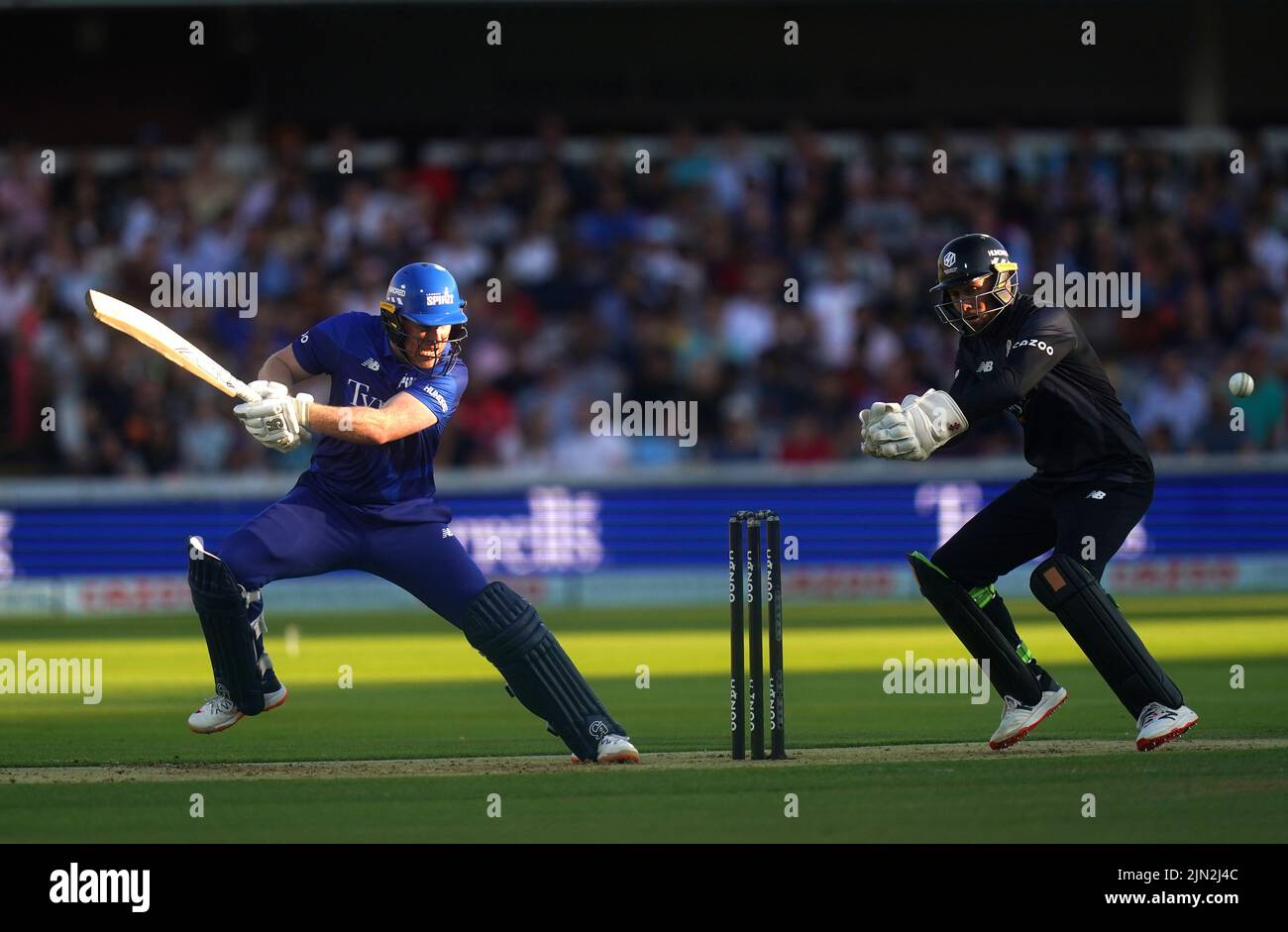 London Spirit's Eoin Morgan hits a boundary during The Hundred match at Lord's, London. Picture date: Monday August 8, 2022. Stock Photo