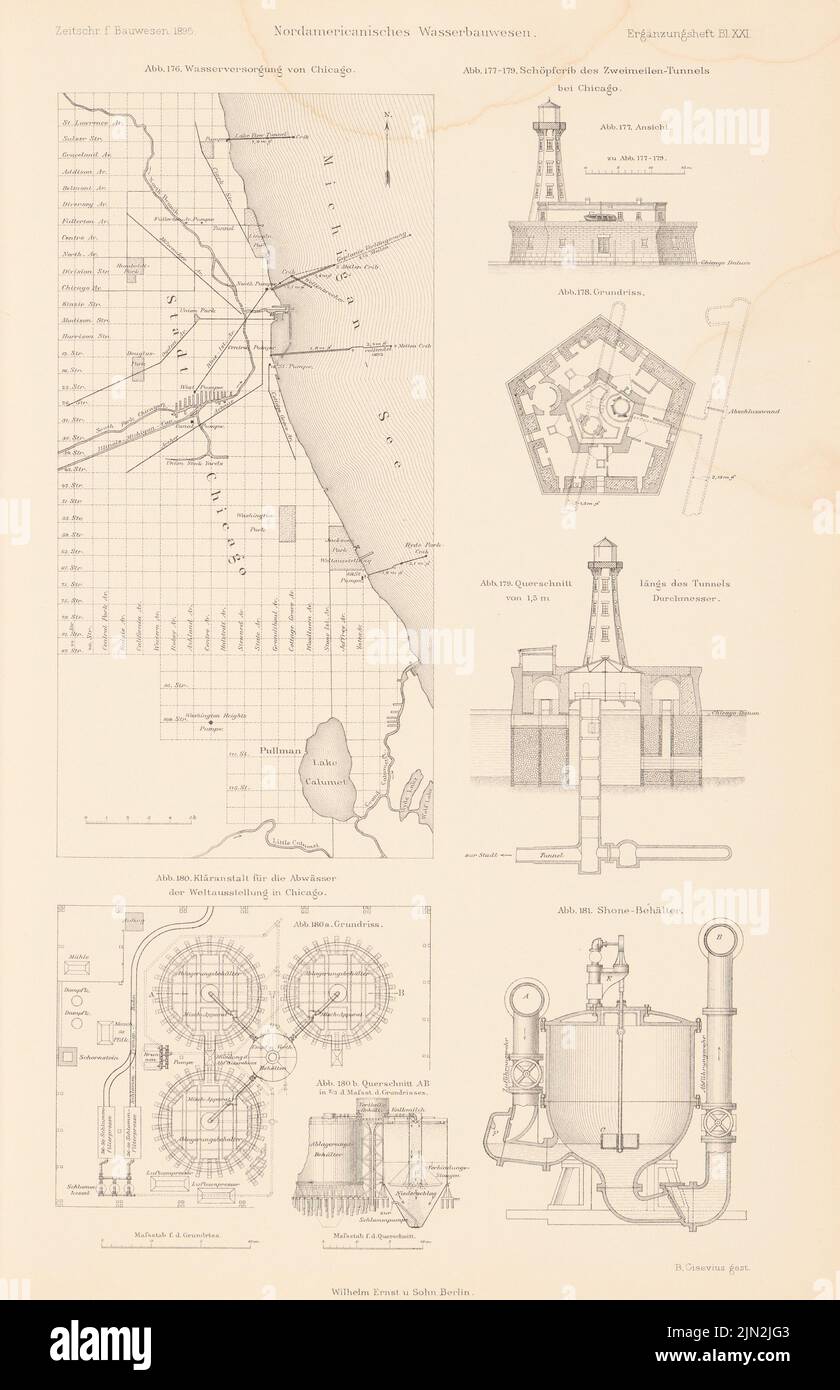 N.N., North American hydraulic engineering. (From: Atlas to the magazine for Building, ed. V. Ministry of public work, born 45, 1895, supplementary booklet): sewage treatment for the wastewater of the world exhibition, tunnel chicago. Stitch on paper, 43.2 x 27.9 cm (including scan edges) Stock Photo