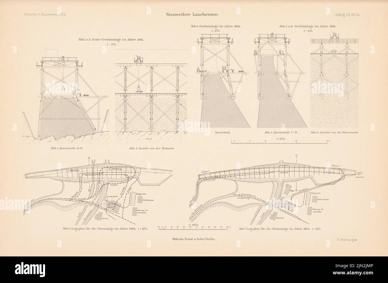 N.N., Stauweiler Lauchensee, Lautenbach. (From: Atlas to the magazine for Building, ed. V. Ministry of Public Work, Jg. 52, 1902): Plans for track systems 1: 1375, views, cuts of the scaffolding systems 1: 275. Stitch on paper, 29.5 x 44.7 cm (including scan edges) Stock Photo
