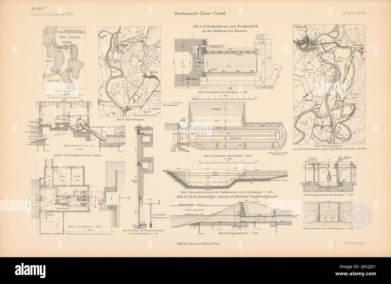 N.N., Dortmund-Ems-Canal. Schleuse, Münster. (From: Atlas to the magazine for Building, ed. V. Ministry of Public Work, Jg. 52, 1902): Dock lock and dry dock: location plans, floor plans, cuts 1: 600, 1,200, 1: 150, 1:40. Stitch on paper, 29.6 x 44.9 cm (including scan edges) Stock Photo