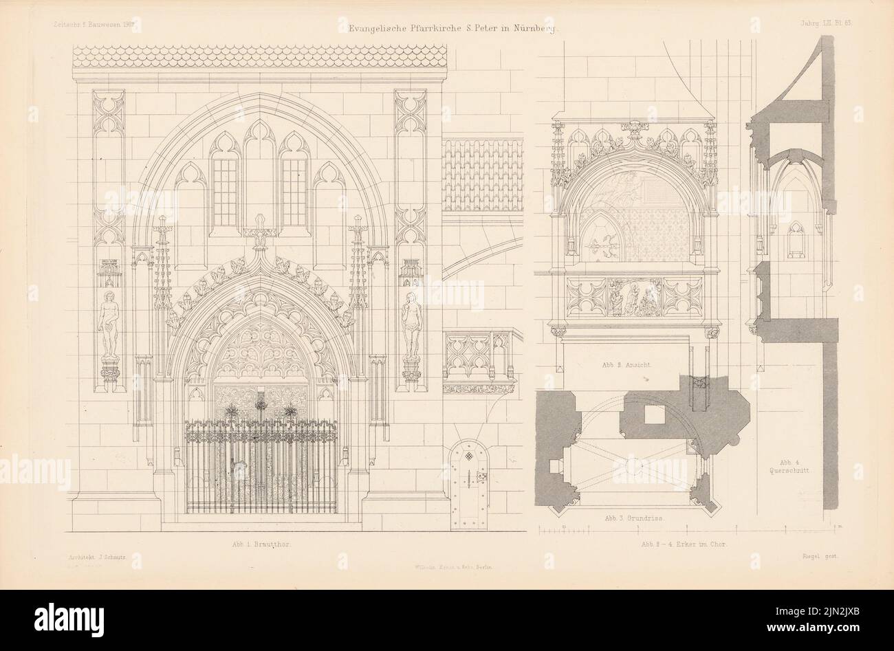 Schmitz Josef (1860-1936), St. Peter, Nuremberg. (From: Atlas to the magazine for Building, ed. V. Ministry of Public Work, Jg. 52, 1902): Views BrauTtor, Erker in the choir, cross -section, floor plan. Stitch on paper, 29.9 x 45.3 cm (including scan edges) Stock Photo