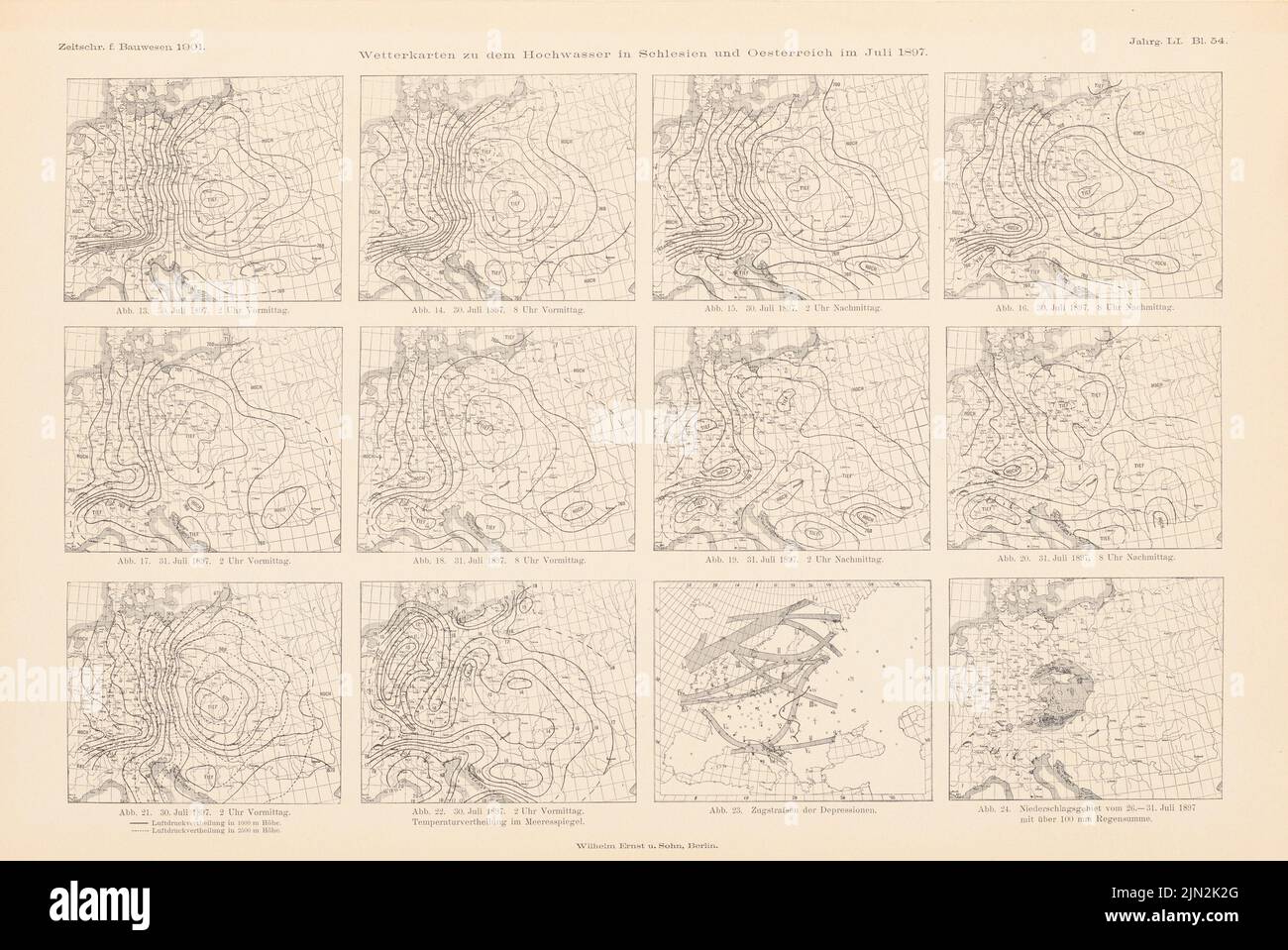 N.N., Weather maps for the flood in Silesia and Austria in July 1897. (From: Atlas to the magazine for Building, ed. Pressure on paper, 29.7 x 44.4 cm (including scan edges) Stock Photo