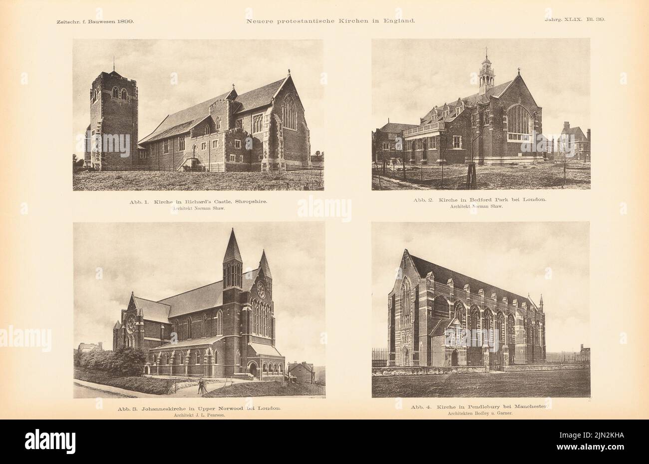 Shaw Norman (1831-1912), newer Protestant churches in England. (From: Atlas to the magazine for Building, ed. V. Ministry of Public Work, Jg. 49, 1899): Views of the churches in Richards Castle, Bedford Park, Upper Norwood, Pendlebury. Pressure on paper, 27.8 x 43.1 cm (including scan edges) Stock Photo