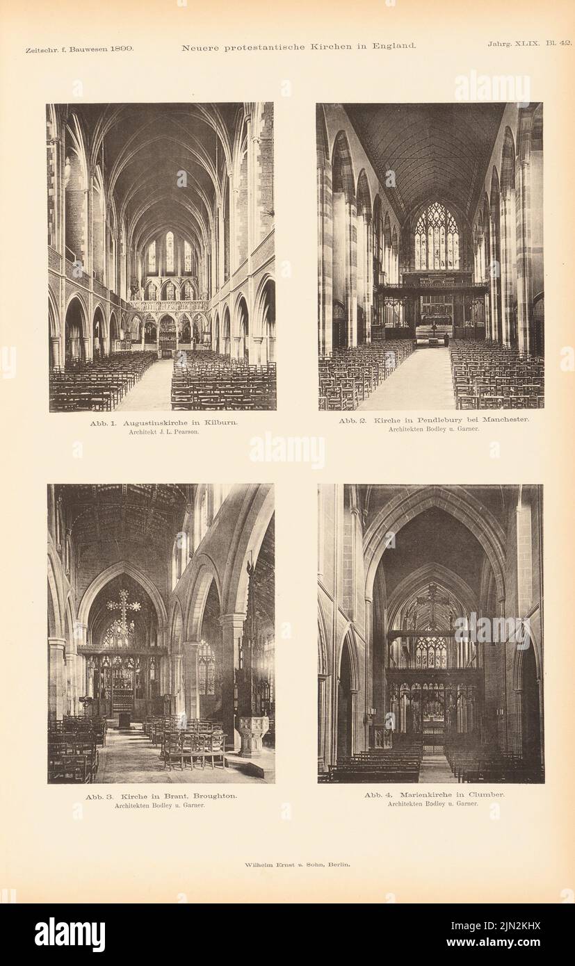 Bodley & Garner, newer Protestant churches in England. (From: Atlas to the magazine for Building, ed. V. Ministry of public work, born 49, 1899): Interior views of the churches in Kilburn, Pendlebury, Broughton and Clumber. Pressure on paper, 43.2 x 27.5 cm (including scan edges) Stock Photo