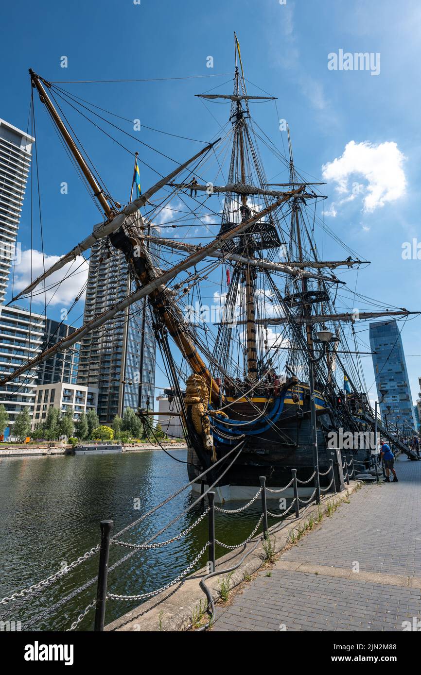 Swedish tall ship Gotheborg (Götheborg of Sweden) moored in Thames Quay in the South Dock of Canary Wharf in August 2022. Stock Photo