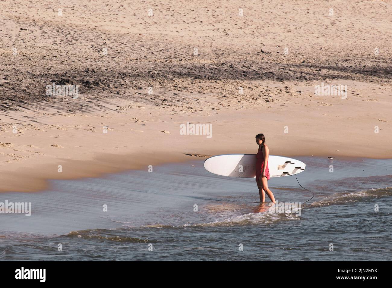 A young woman carries a white surfboard while walking along the surf at the Delaware seashore. Stock Photo