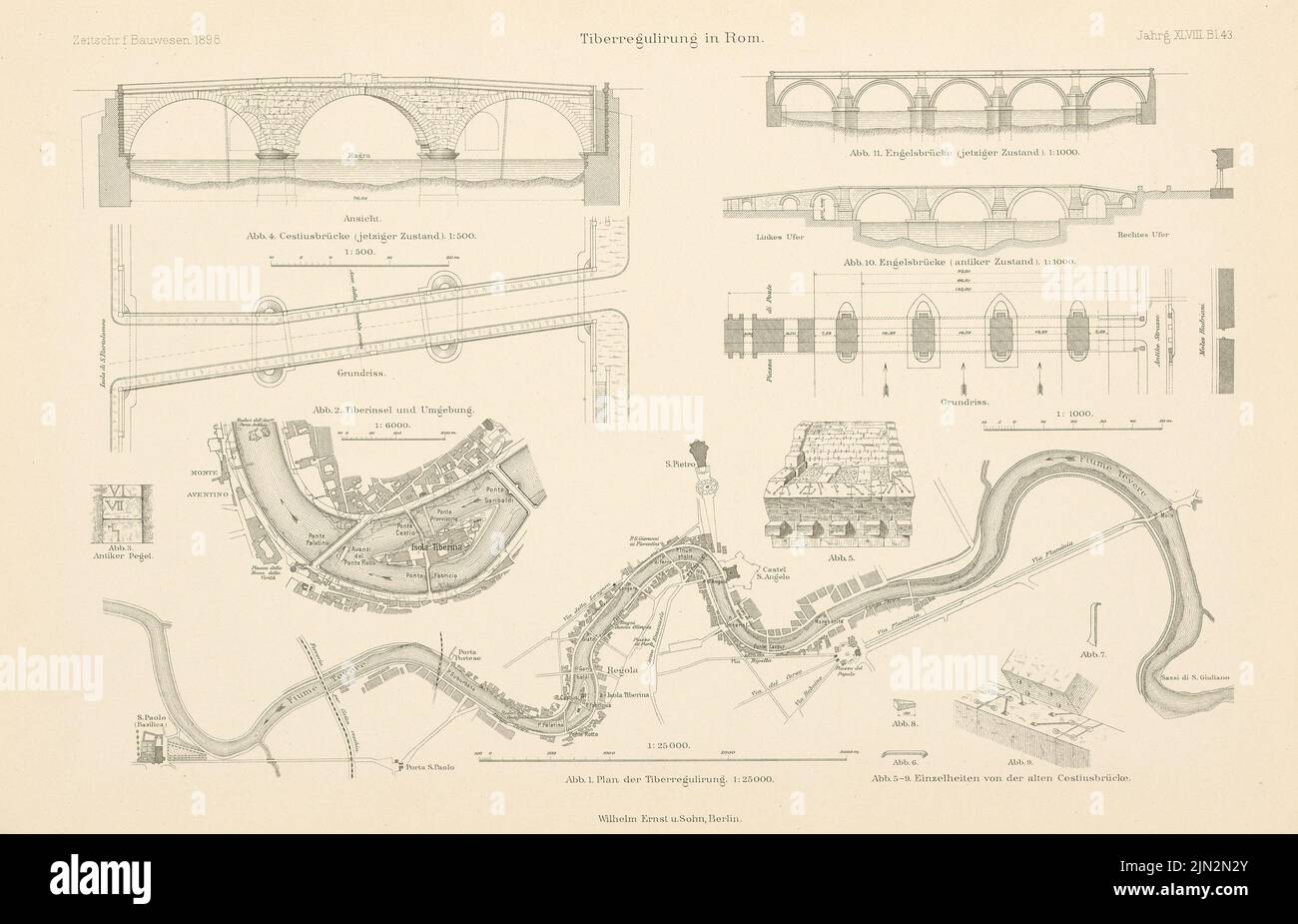 TieBersGulation, Rome: Location plans 1: 25000, 1: 6000, views, floor plan Engelsbrücke and Cestius Bridge 1: 1000, 1: 500 (from: Atlas for the magazine for Building, ed. V. Ministry of public work, born 48, 1898) Stock Photo