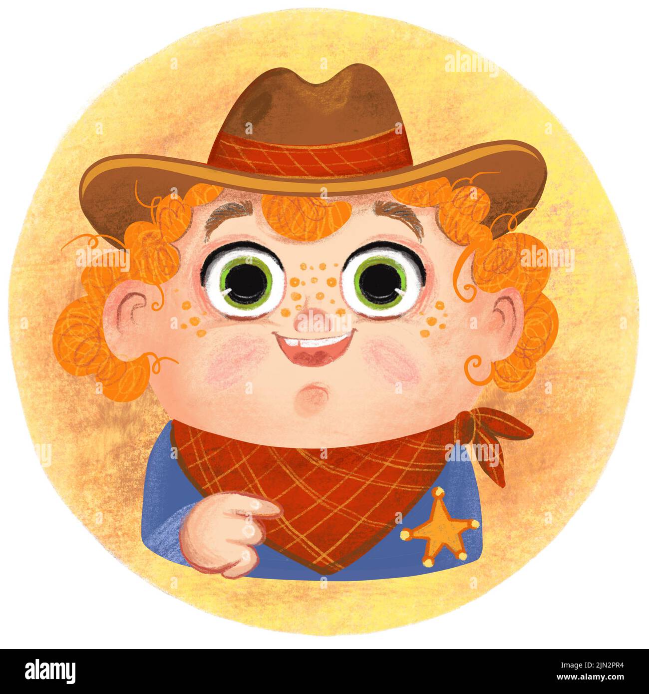 Portrait of a happy cute little kid boy in a cowboy costume looking into the camera illustration. Cartoon illustration on a round background. For desi Stock Photo