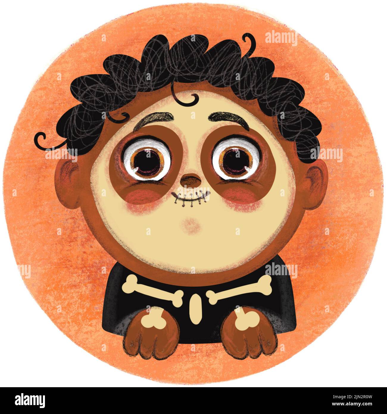 Portrait of a happy cute little kid boy in a skeleton costume looking into the camera illustration. Cartoon illustration on a round background. For de Stock Photo
