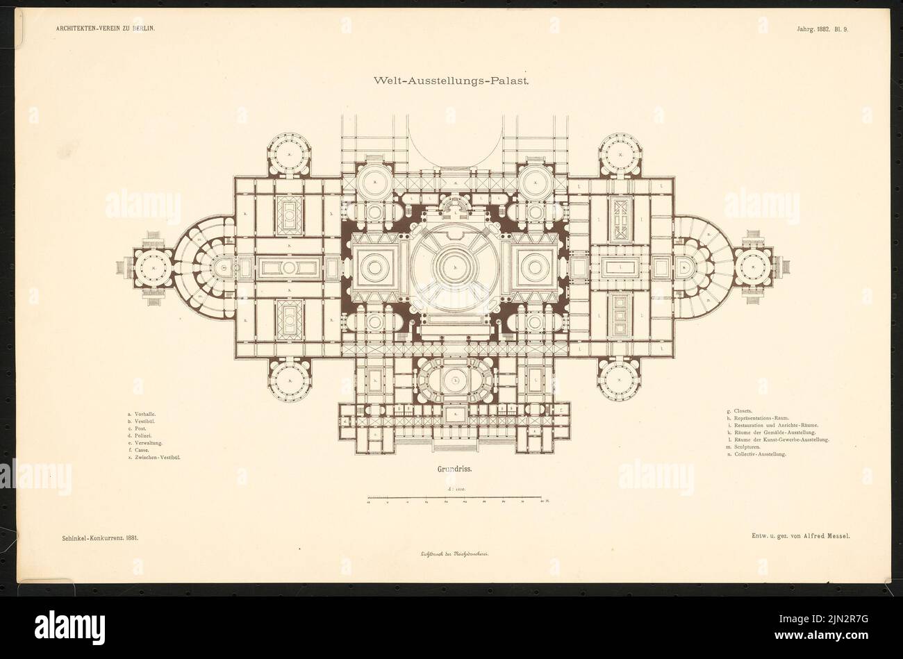 Messel Alfred (1853-1909): World Exhibition Palace, Berlin. Schinkel competition 1881. In: Designs by members of the Architects' Association in Berlin, new episode, born 1882, sheet 9 Stock Photo