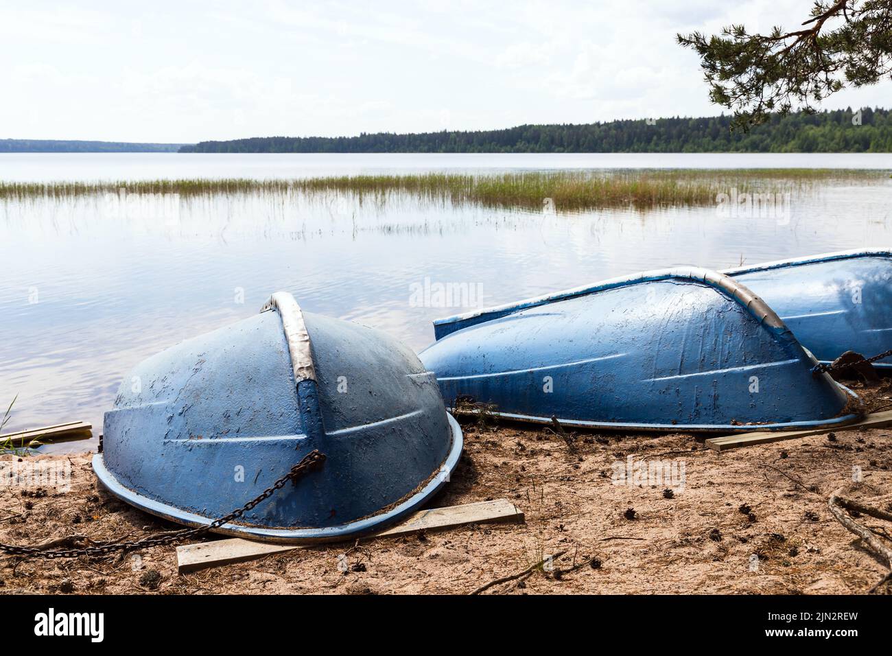 Blue rowboats lay head over heels on a sandy beach, coastal lake landscape Stock Photo
