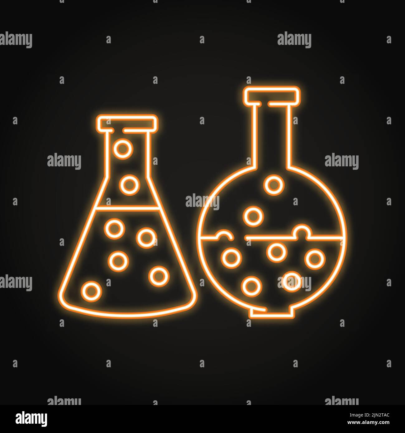 Chemical flasks neon icon in line style. Laboratory bottles symbol