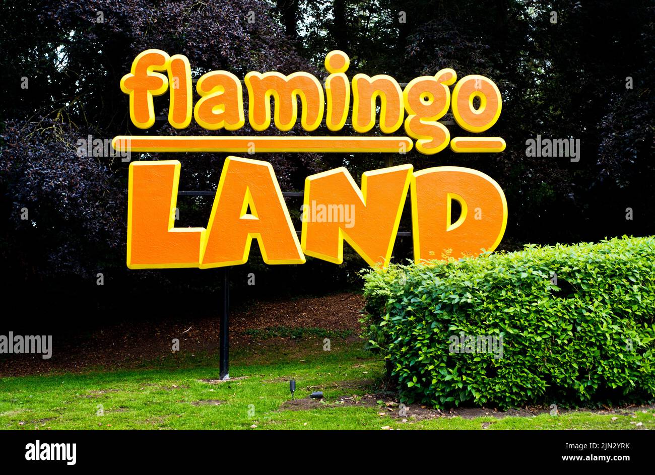 Flamingo Land entrance sign, North Yorkshire, England Stock Photo - Alamy